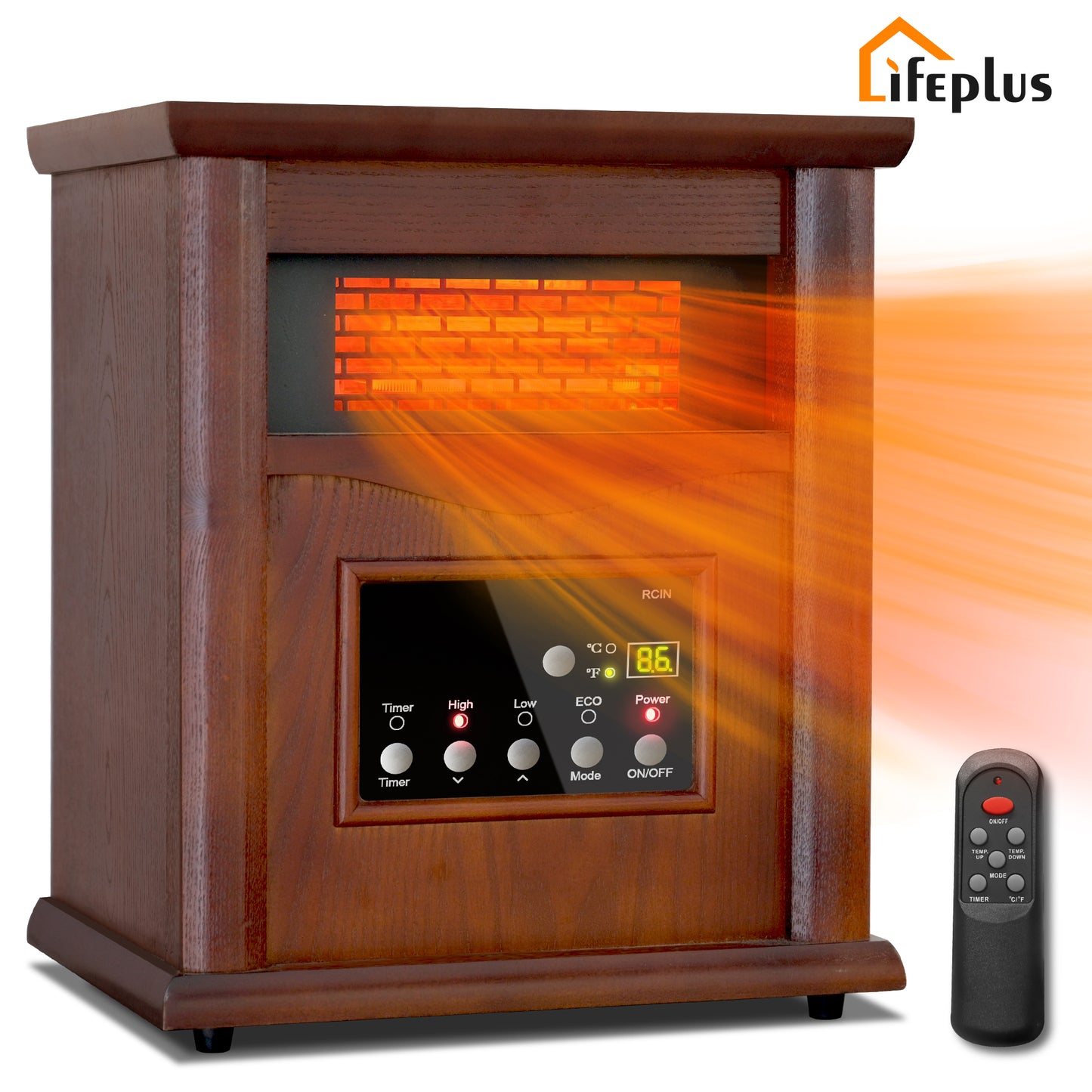LifePlus 1500W Infrared Quartz Space Heater – Portable Wood Design with Remote (#GD9315BCW_3J)