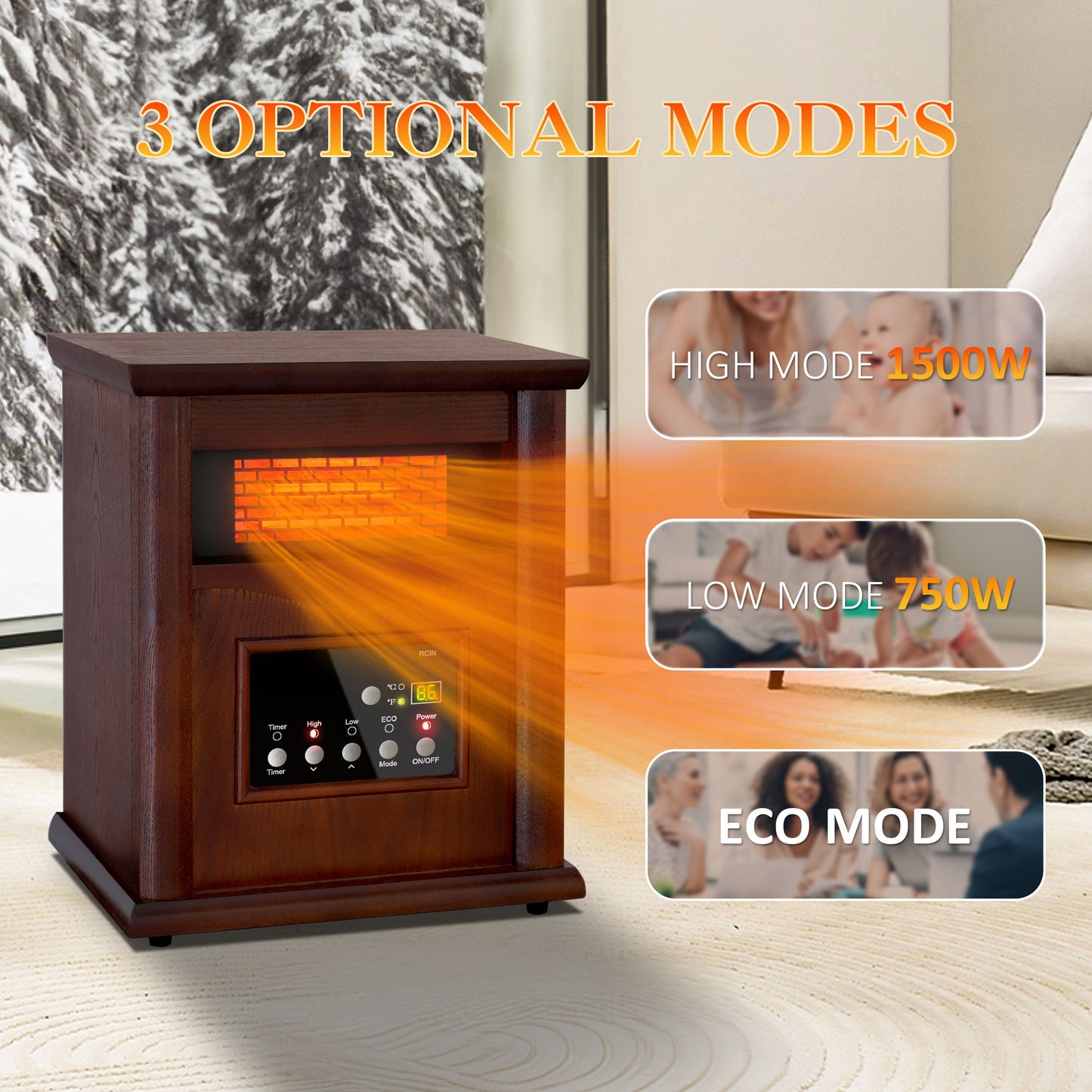 LifePlus 1500W Infrared Quartz Space Heater – Portable Wood Design with Remote (#GD9315BCW_3J)