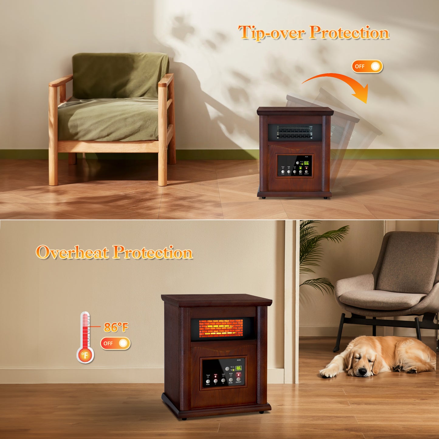 LifePlus 1500W Infrared Quartz Space Heater – Portable Wood Design with Remote (#GD9315BCW_3J)