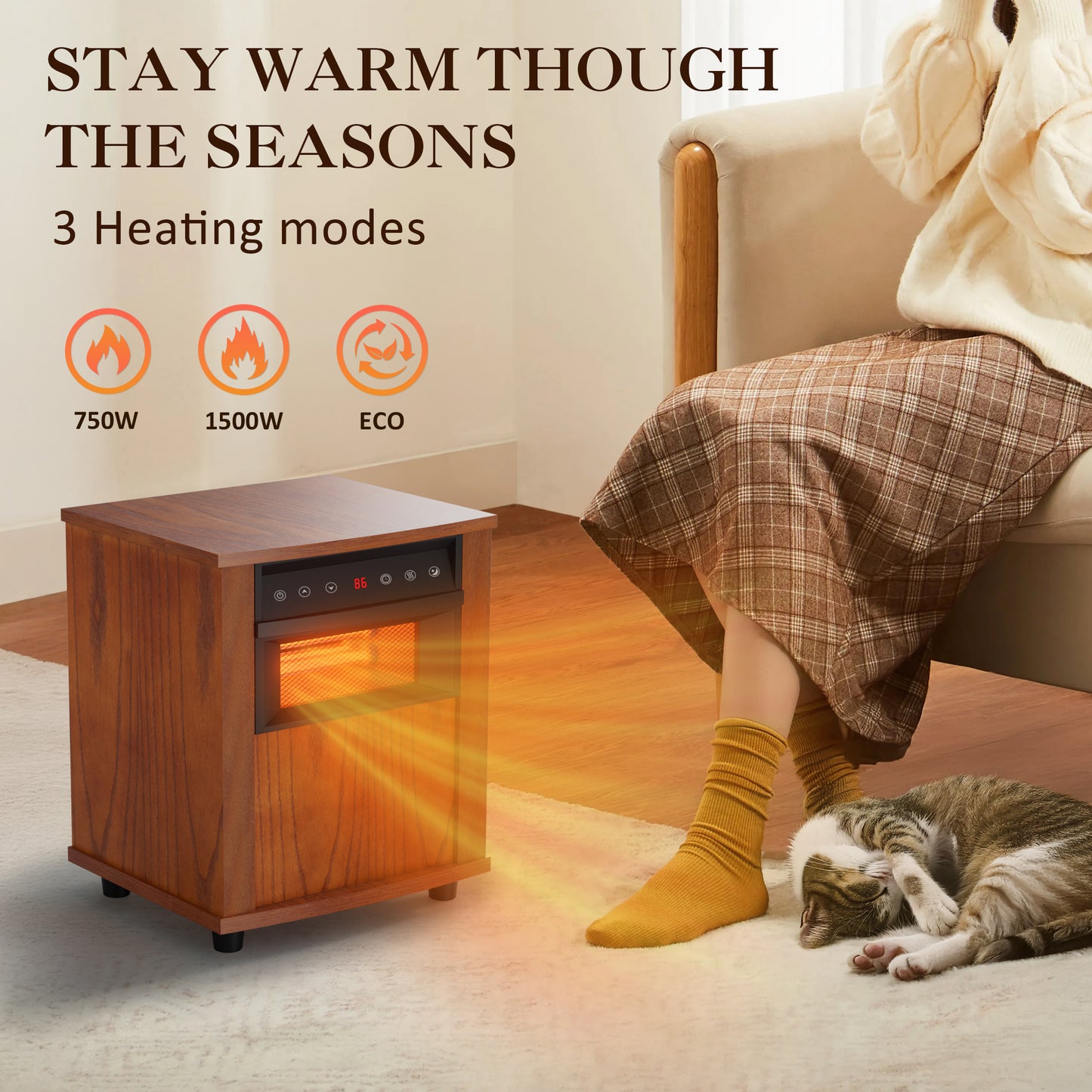 LifePlus 1500W Wood Electric Space Heater – Infrared Quartz with Remote (#WH_15Q1)